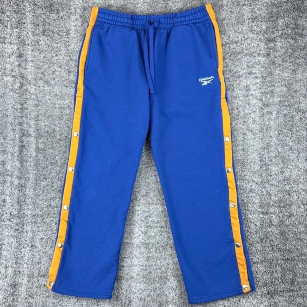 Reebok Forever 21 Mens XL Blue Yellow Snap Button Tear Away Track Pants Joggers